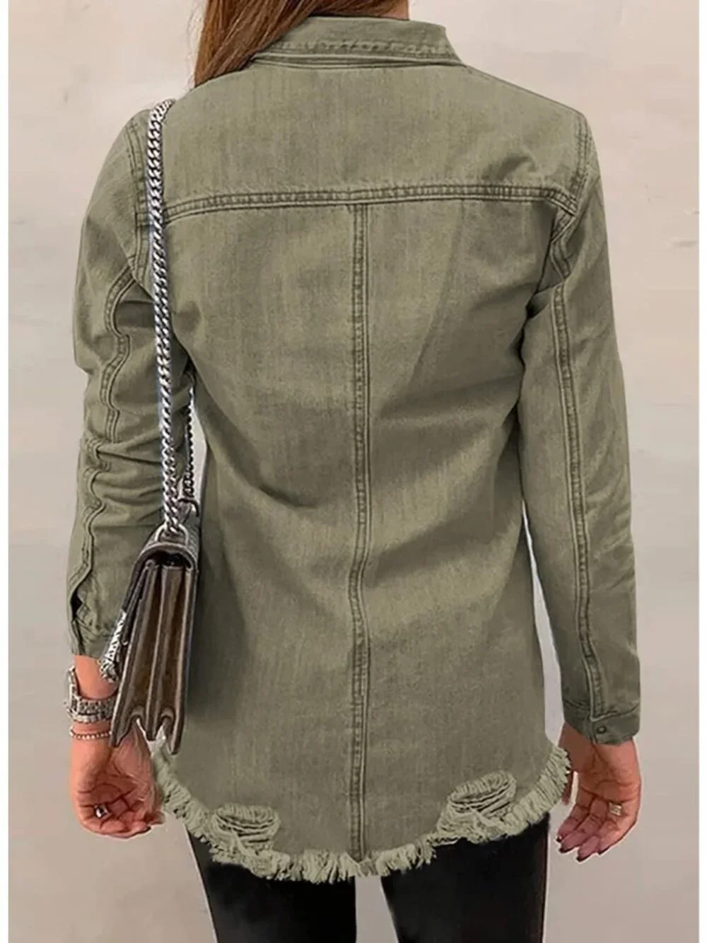 Women's Khaki Denim Button Down Oversized Distressed Boyfriend Jean Jacket